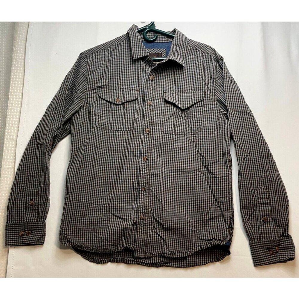 prAna button shirt mens medium long sleeve collared plaid checkered brown